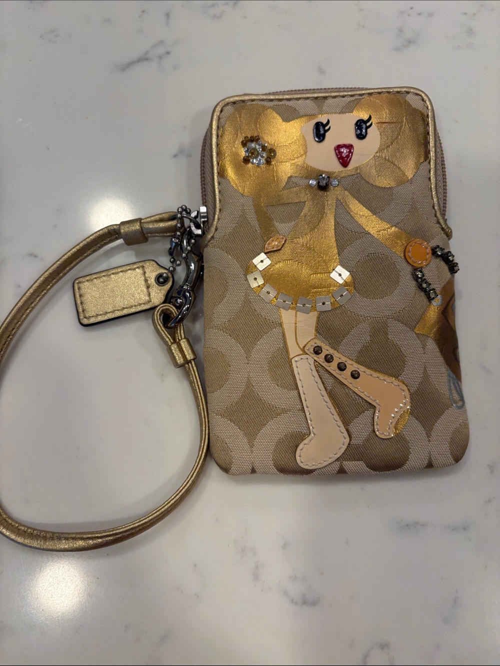 Coach Gold & Beige Signature Wristlet Phone Case with Applique